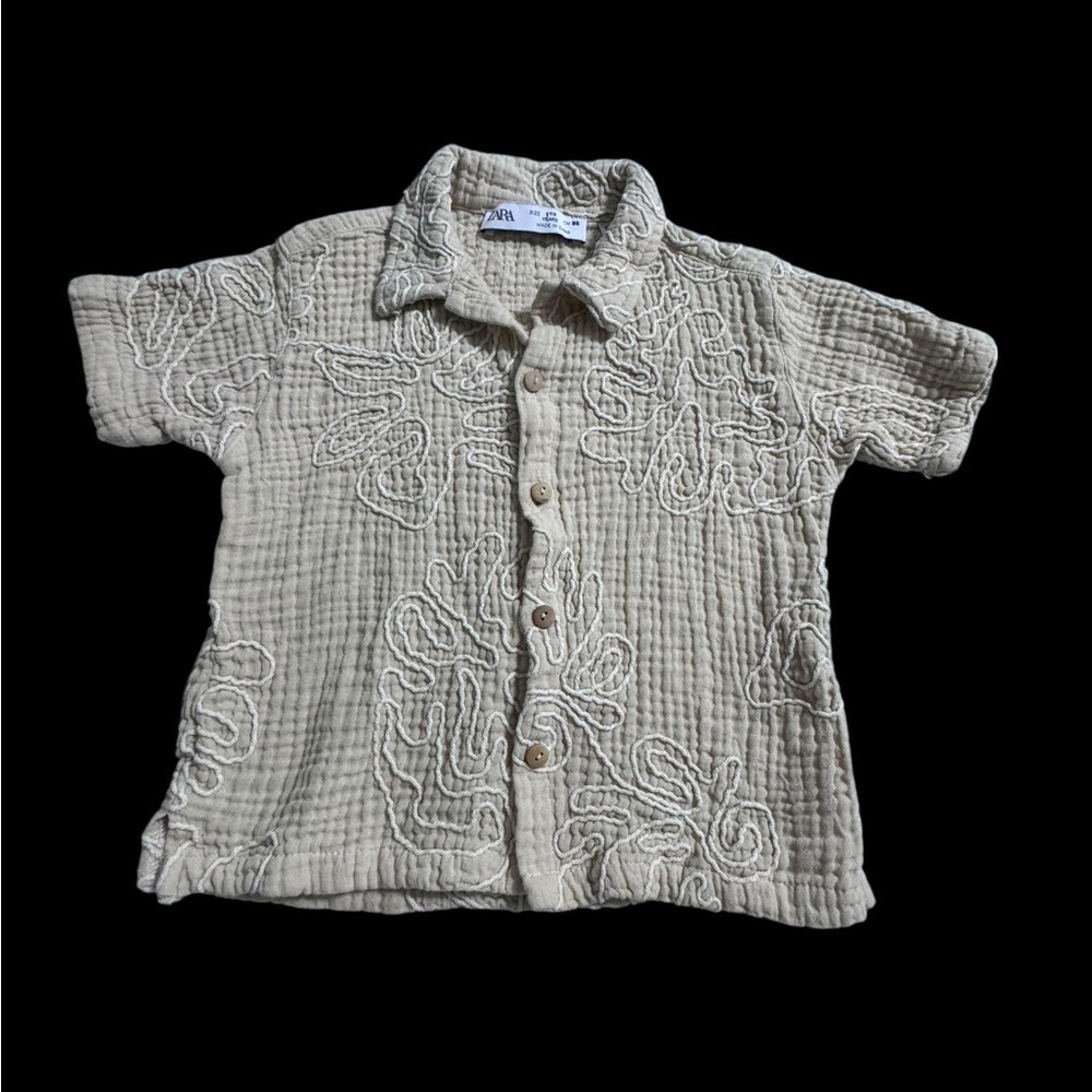 Zara Kids Tan Embroidered Gauze Button-Down Shirt